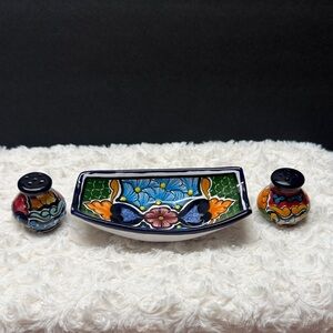 Talavera pottery salt pepper and small dish.